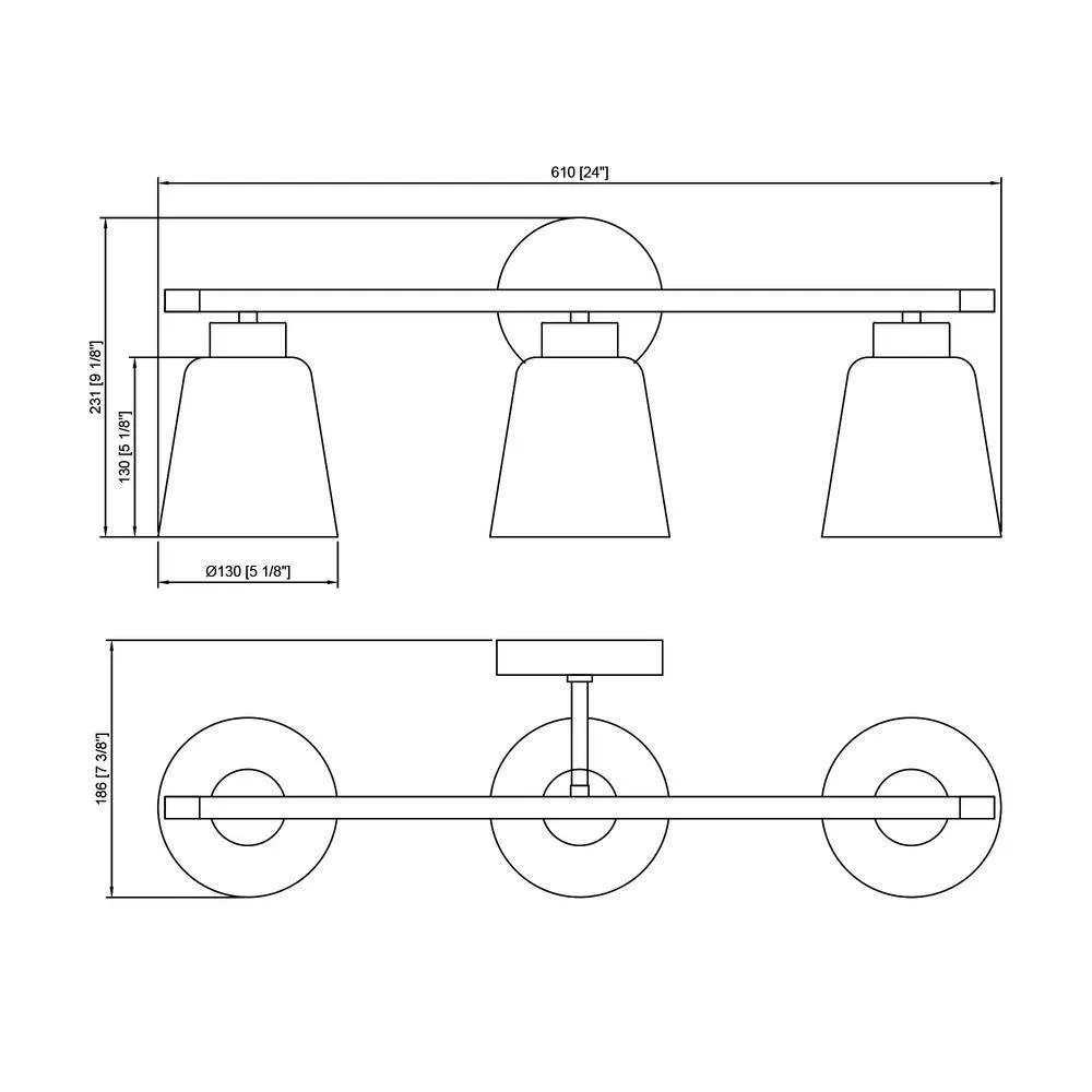 24 in. 3-Lights Matte Black Vanity Light with Frosted Glass Shade