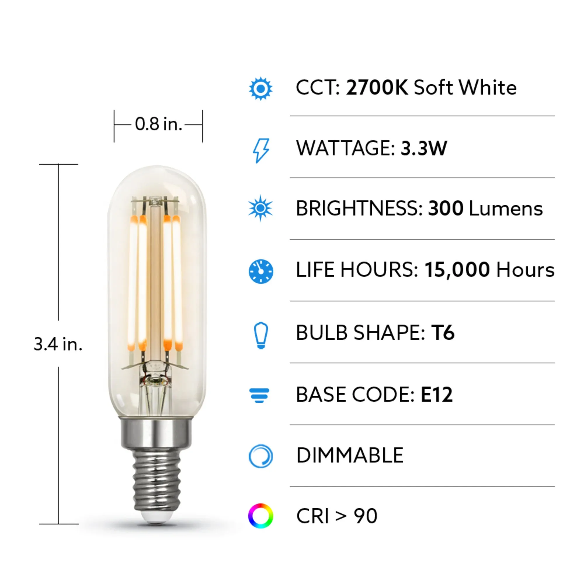 3.3W (40W Replacement) Soft White (2700K) E12 Base T6 Filament LED (4-Pack)