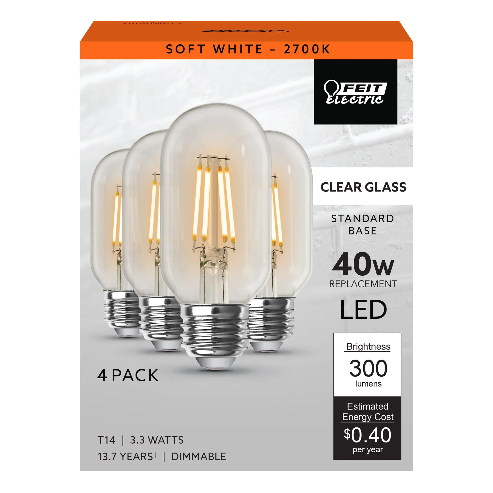 3.3W (40W Replacement) Soft White (2700K) E26 Base T14 Filament LED (4-Pack)