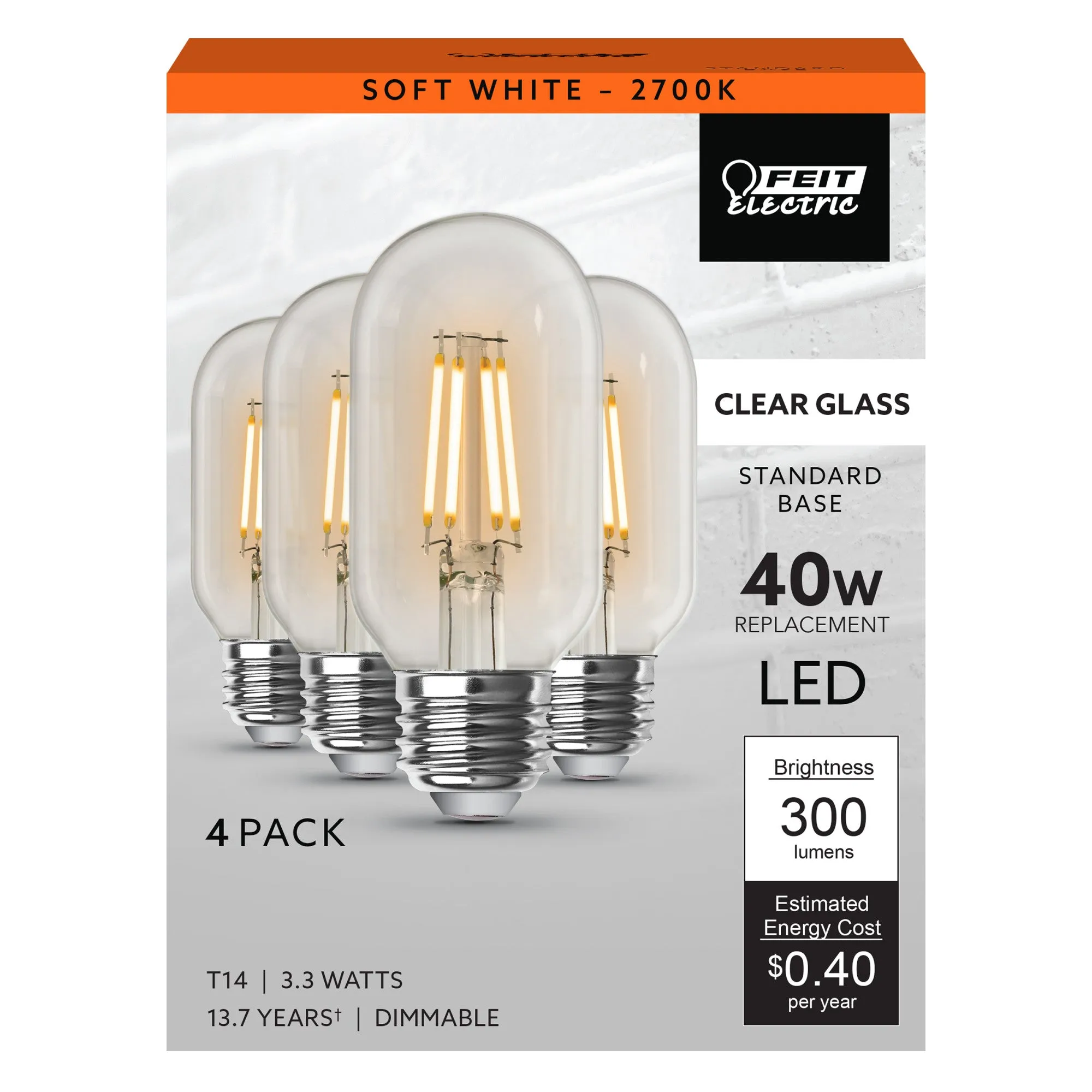 3.3W (40W Replacement) Soft White (2700K) E26 Base T14 Filament LED (4-Pack)