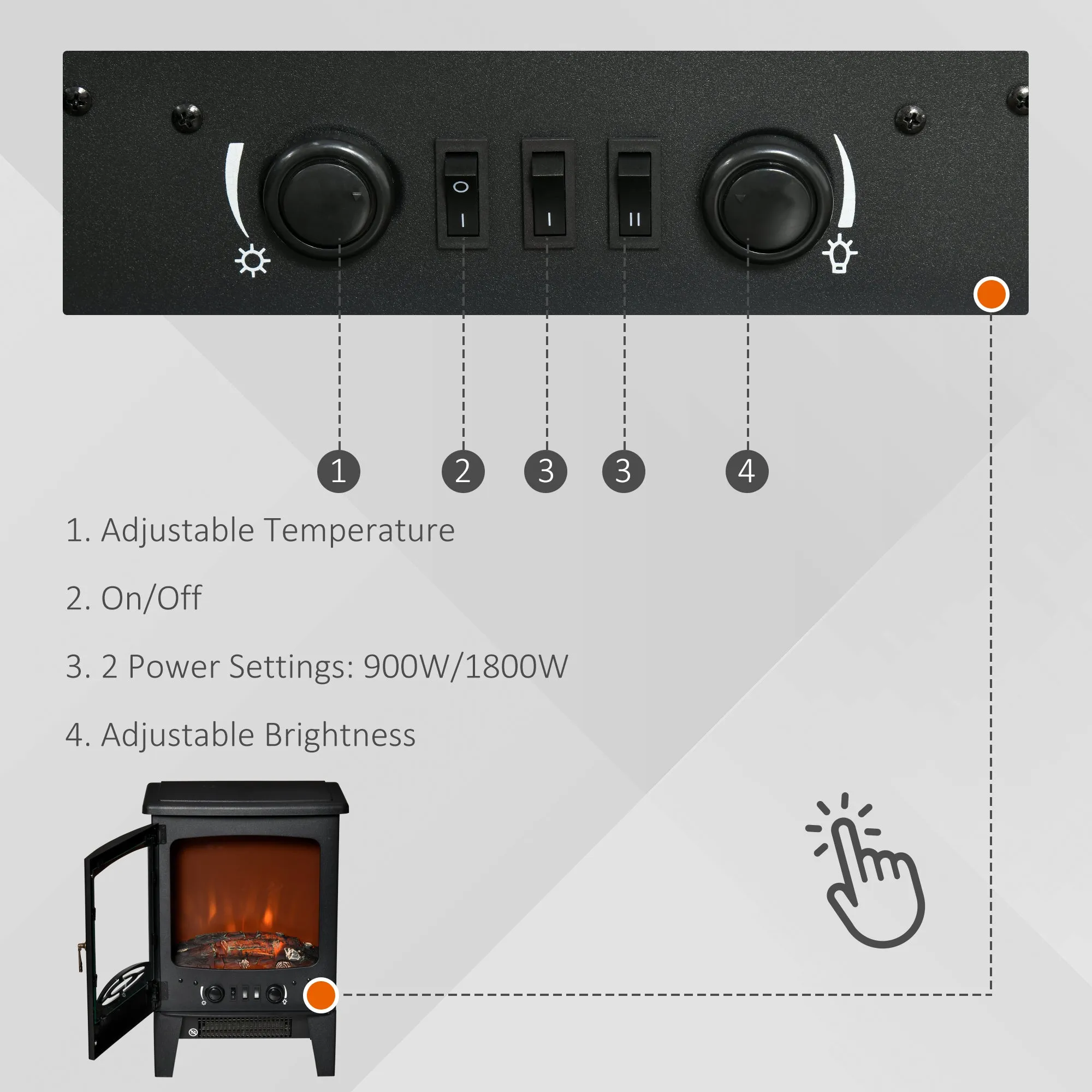 Electric Fireplace Stove, Free standing Fireplace Heater with Realistic Flame Effect, Overheat Safety Protection, 900W/1800W, Black