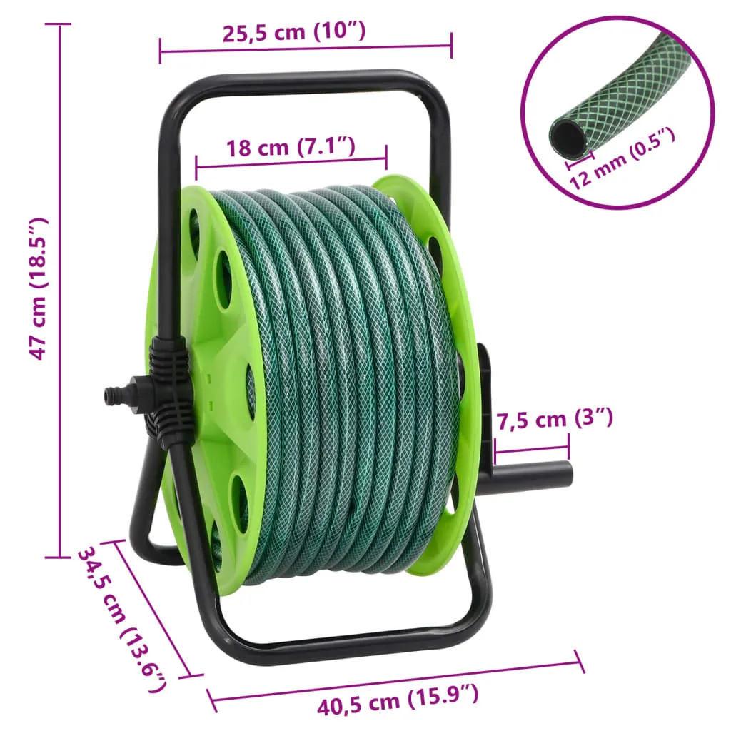 Free Standing Green Hose Reel with Hose Fitting Set 0.5" 30 m PVC