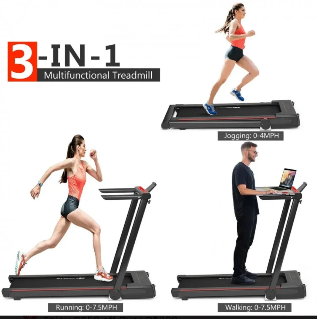 Heavy Duty Modern Folding 3-in-1 Treadmill With Remote | 2.25HP | Rubber Foot Mat | Flexible Wheels | Powerful Silent Motor | XL LED Screen