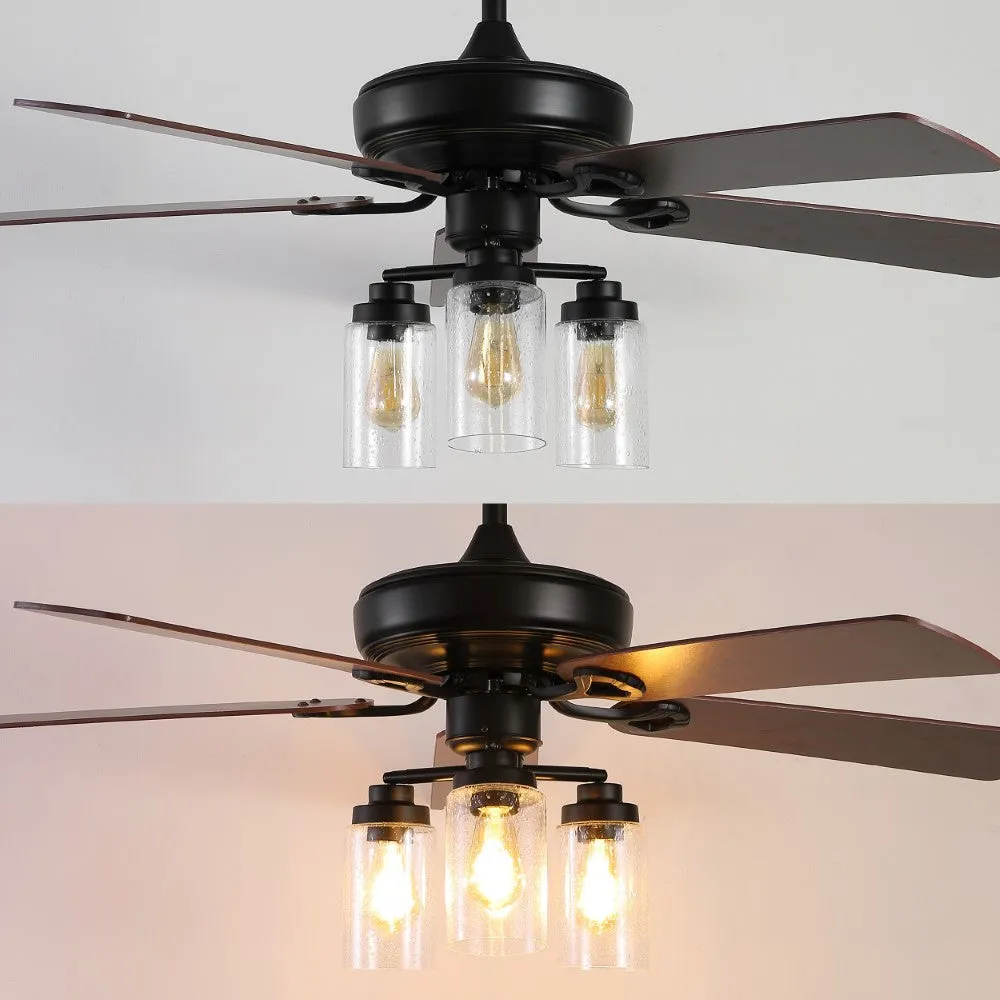 Hunter 52"  Rustic Industrial Iron/Wood/Seeded Glass Mobile-App/Remote-Controlled LED Ceiling Fan