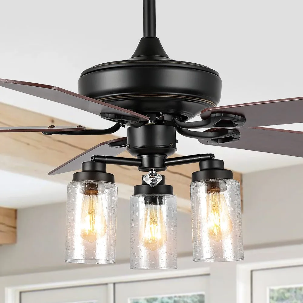 Hunter 52"  Rustic Industrial Iron/Wood/Seeded Glass Mobile-App/Remote-Controlled LED Ceiling Fan