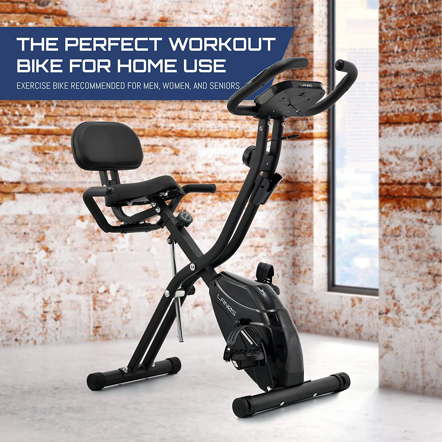 Lanos Folding Exercise Bike with 10-Level Adjustable Magnetic Resistance | Upright and Recumbent Foldable Stationary Bike is The Perfect Workout Bike for Home Use for Men, Women, and Seniors