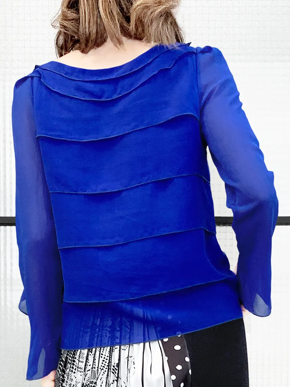 Last Chance! Electric Blue Tiered Ruffle Asymmetrical Sleeves Chiffon Silk Blouse