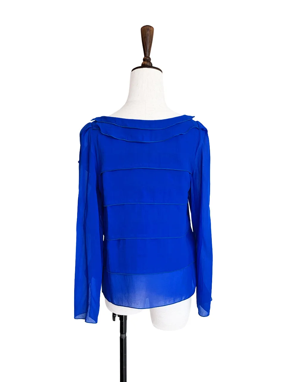 Last Chance! Electric Blue Tiered Ruffle Asymmetrical Sleeves Chiffon Silk Blouse