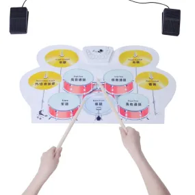 Portable Electronic Drum Set Roll Up 9 Pads 2 Pedals Headphone Jack Kids