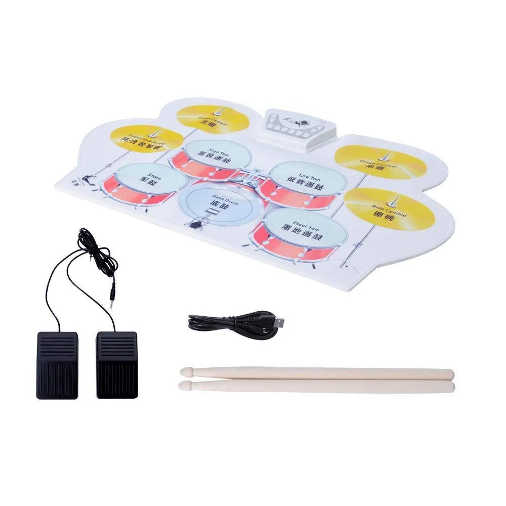 Portable Electronic Drum Set Roll Up 9 Pads 2 Pedals Headphone Jack Kids